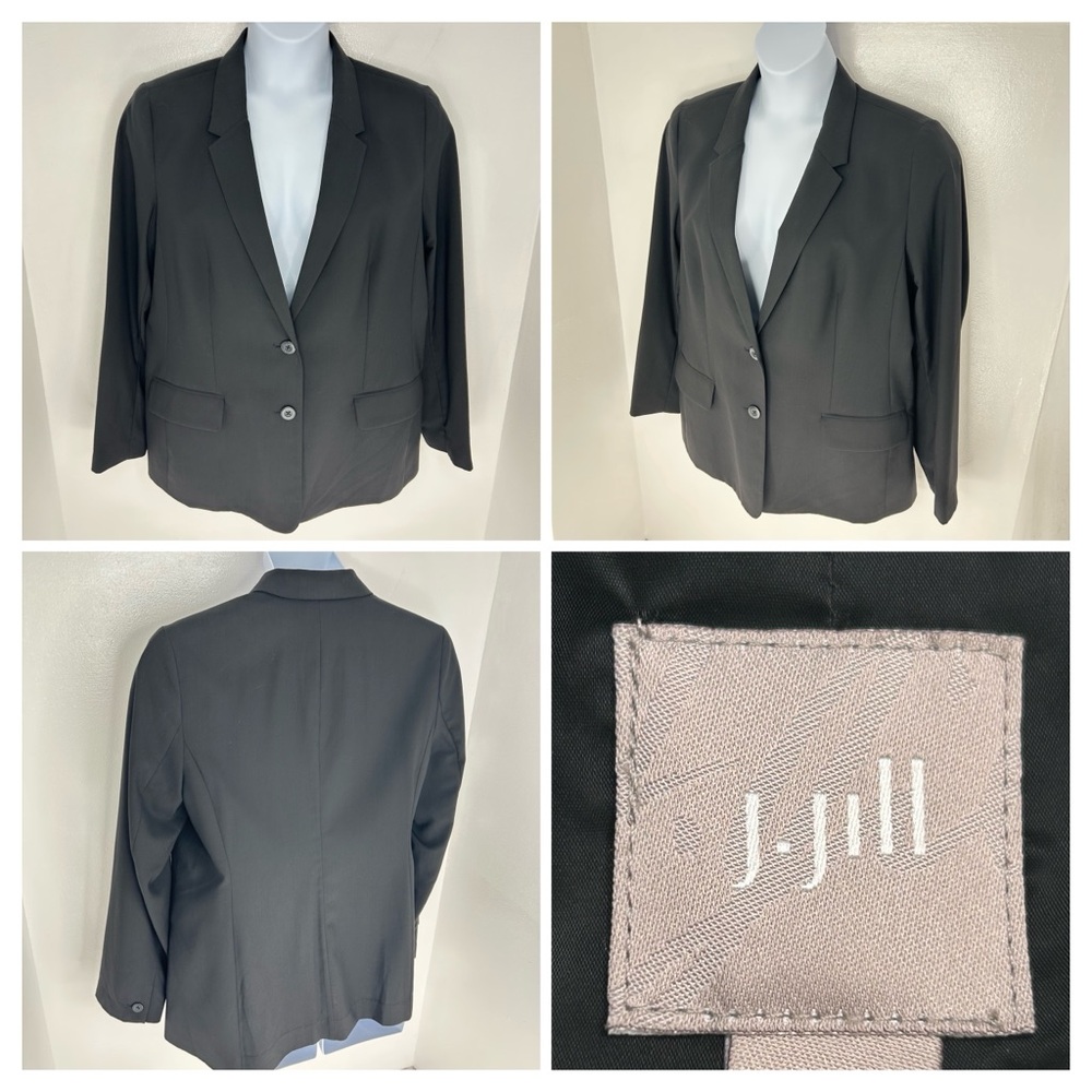 J. Jill Blazer Size 16 Solid Black Classic 2 Button 100% Wool‎ Jacket Career